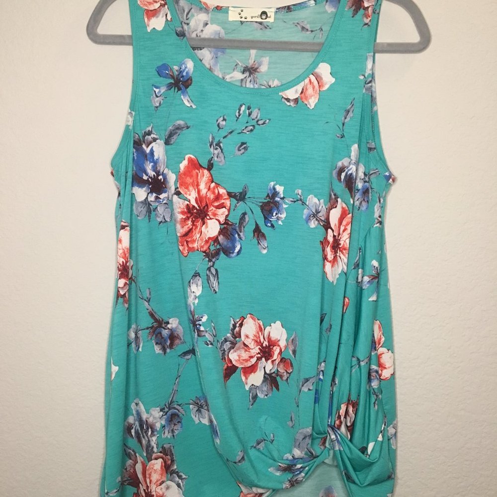 Gorilla Cat-Green/Teal Sleeveless Floral Print Top with Side Knot-Size Medium